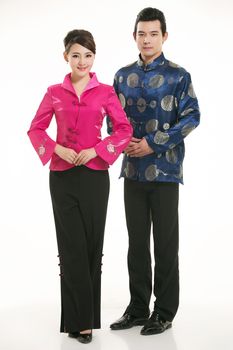 Wearing Chinese clothing waiter in front of a white background