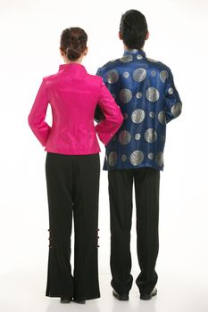 Wearing Chinese clothing waiter in front of a white background