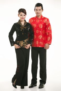 Wearing Chinese clothing waiter in front of a white background