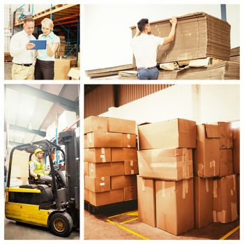 Cardboard boxes in warehouse against focused driver operating forklift machine