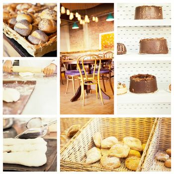 Coffee shop with tables and chairs  against basket filling with delicious bread