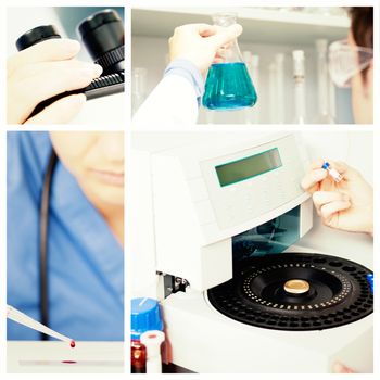 Male laboratory assistant using a centrifuge against blondhaired female scientist preparing a microscope slide