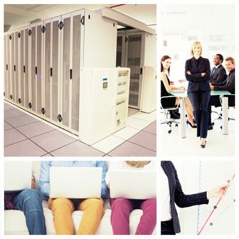 Data center against male designers working together with laptops