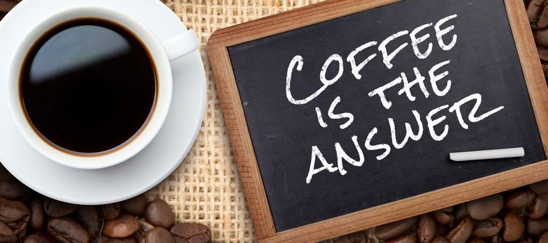 White cup of coffee against chalkboard with piece of chalk