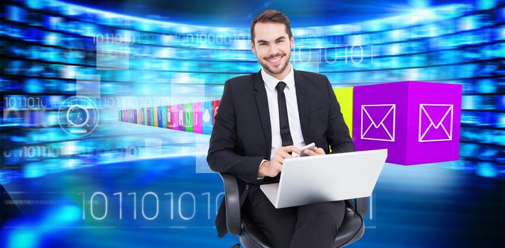 Happy businessman with laptop using smartphone against composite image of row of apps
