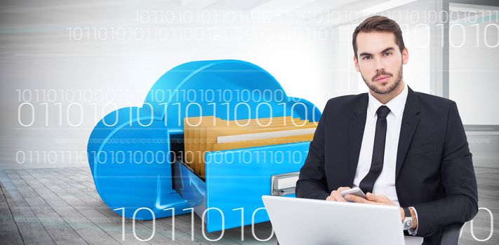 Cheerful businessman with laptop using smartphone against composite image of cloud computing drawer