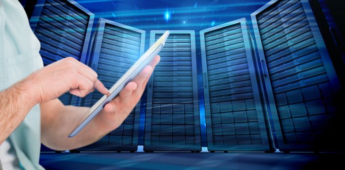 Man using tablet pc against composite image of server room