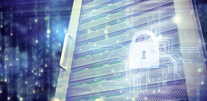 Digitally generated black and blue matrix against composite image of server tower