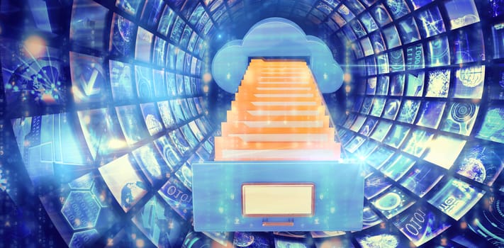 Digitally generated black and blue matrix against composite image of cloud computing drawer