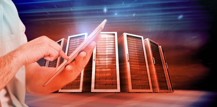Man using tablet pc against composite image of server towers