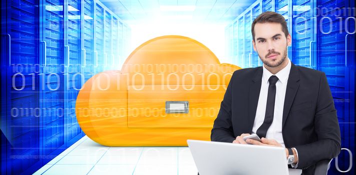 Cheerful businessman with laptop using smartphone against composite image of cloud computing drawer