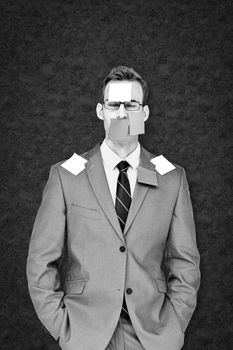Businessman with post its on face against grey background