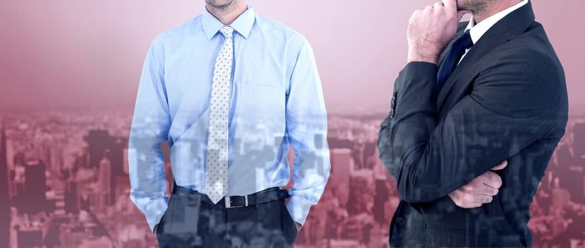 Frowning businessman thinking  against high angle view of city