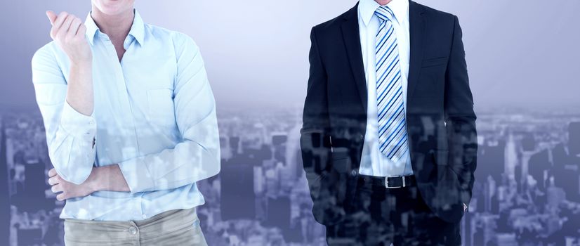 Smiling businesswoman looking at camera against high angle view of city