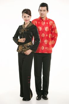 Wearing Chinese clothing waiter in front of a white background