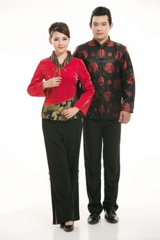 Wearing Chinese clothing waiter in front of a white background