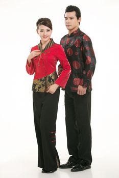 Wearing Chinese clothing waiter in front of a white background