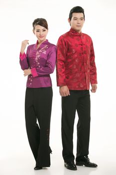 Wearing Chinese clothing waiter in front of a white background