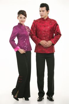 Wearing Chinese clothing waiter in front of a white background