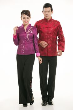 Wearing Chinese clothing waiter in front of a white background