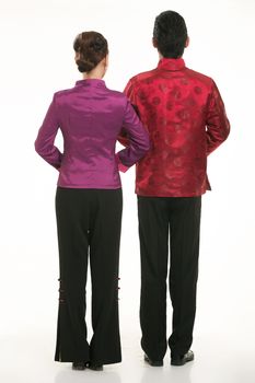 Wearing Chinese clothing waiter in front of a white background