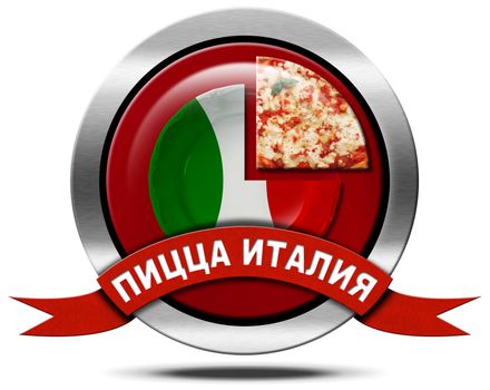 Icon with a pizza slice, plate with Italian flag and red ribbon with text Italy pizza in russian language. Isolated on white background
