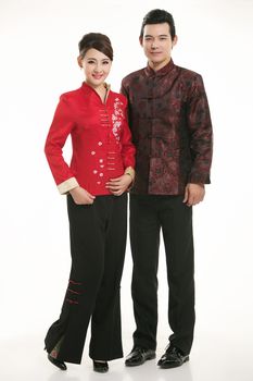 Wearing Chinese clothing waiter in front of a white background