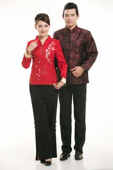 Wearing Chinese clothing waiter in front of a white background