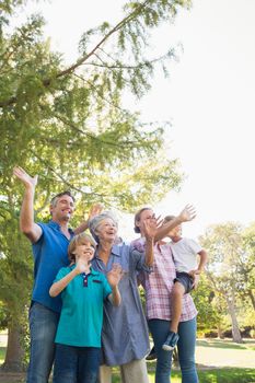 Happy family waving hands in the park on a sunny day