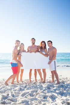 Happy friends holding poster at the beach