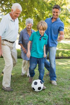 Happy family playing at the ball on a sunny day