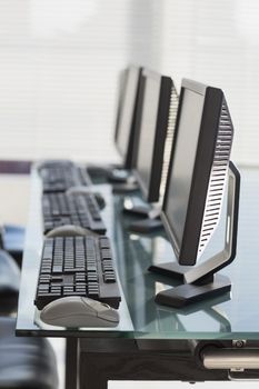 Computer with headsets at office 