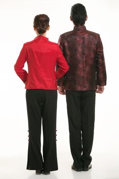 Wearing Chinese clothing waiter in front of a white background