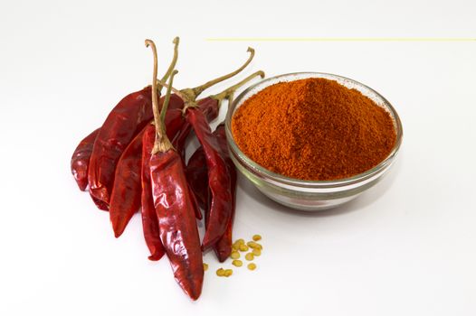 chilly powder in bowl with red chilly, dried chillies