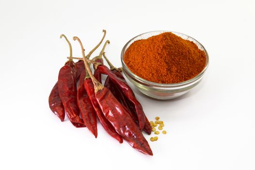 chilly powder in bowl with red chilly, dried chillies