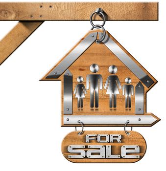 Sign in the shape of house with symbol of a family and text For sale. Real estate sign hanging from a chain a pole and isolated on white