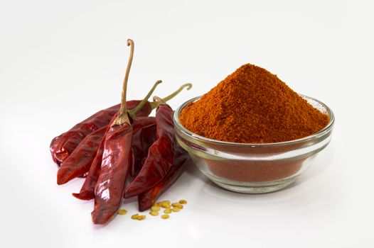 chilly powder in bowl with red chilly, dried chillies