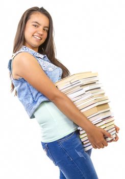 young student girl holding a stack of books on white background