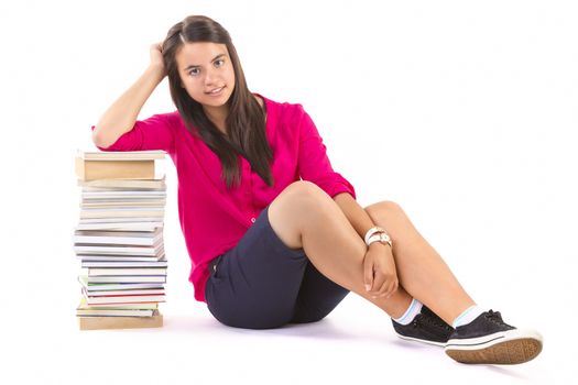 young student girl with stack of books on withe background
