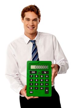 Male accountant showing a big green calculator