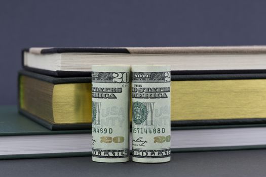 Costs and financing of education questions reflected by American currency placed with books on gray background.