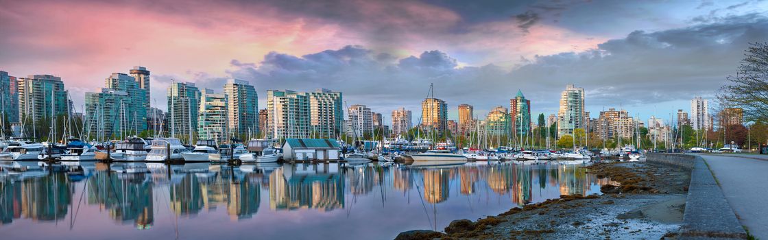 Vancouver British Columbia Canada City Skyline and Marina at Stanley Park during Colorful Cloudy Sunrise Panorama