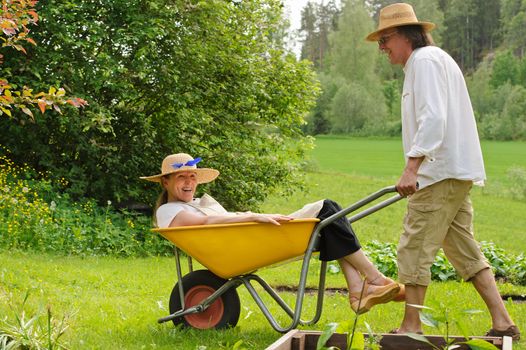 Senior man carries a senior woman in a wheelbarrow . They're laughing and having fun.