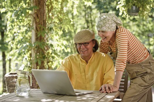 Senior couple outdoors with a laptop, They're looking at the computer. Possibly having a wireless video call with grandchildren. There's a sunny background of trees and bushes