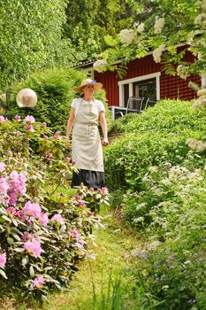 Senior woman standing in her garden, She is surrounded by bushes. There's a red house partly seen in the background. She's wearing an apron