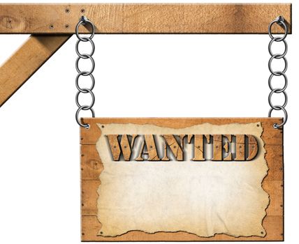 Wooden sign with planks and torn empty parchment with text Wanted. Hanging from a metal chain on a wooden pole and isolated on white background