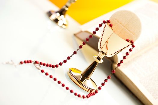 Christian holy communion, bright background, saturated concept
