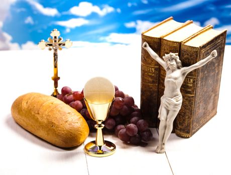 Christian holy communion, bright background, saturated concept