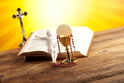 Christian holy communion, bright background, saturated concept