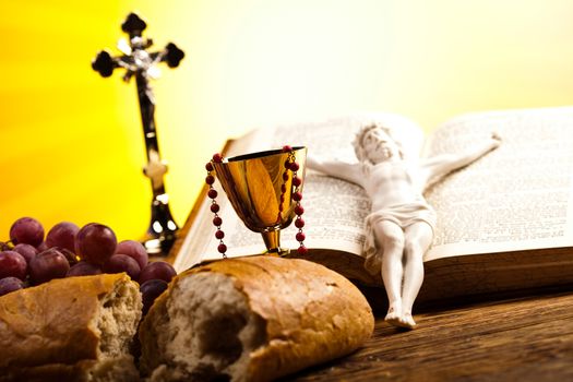 Christian holy communion, bright background, saturated concept